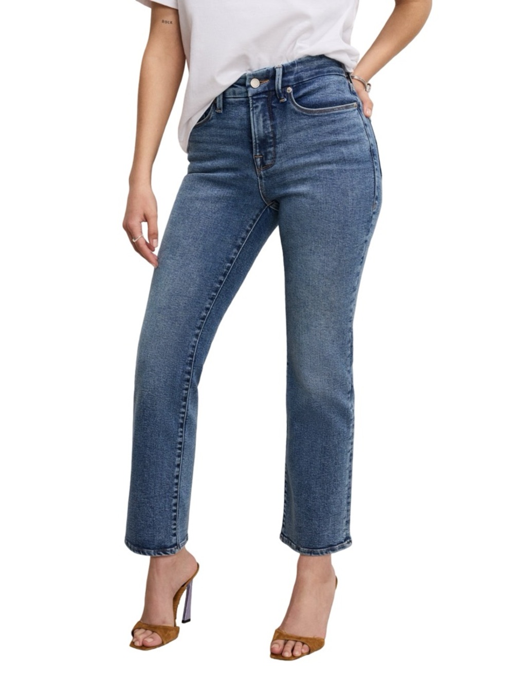 Good American Petite Straight Light Compression Jeans Blue Mid-Rise Women’s 15P